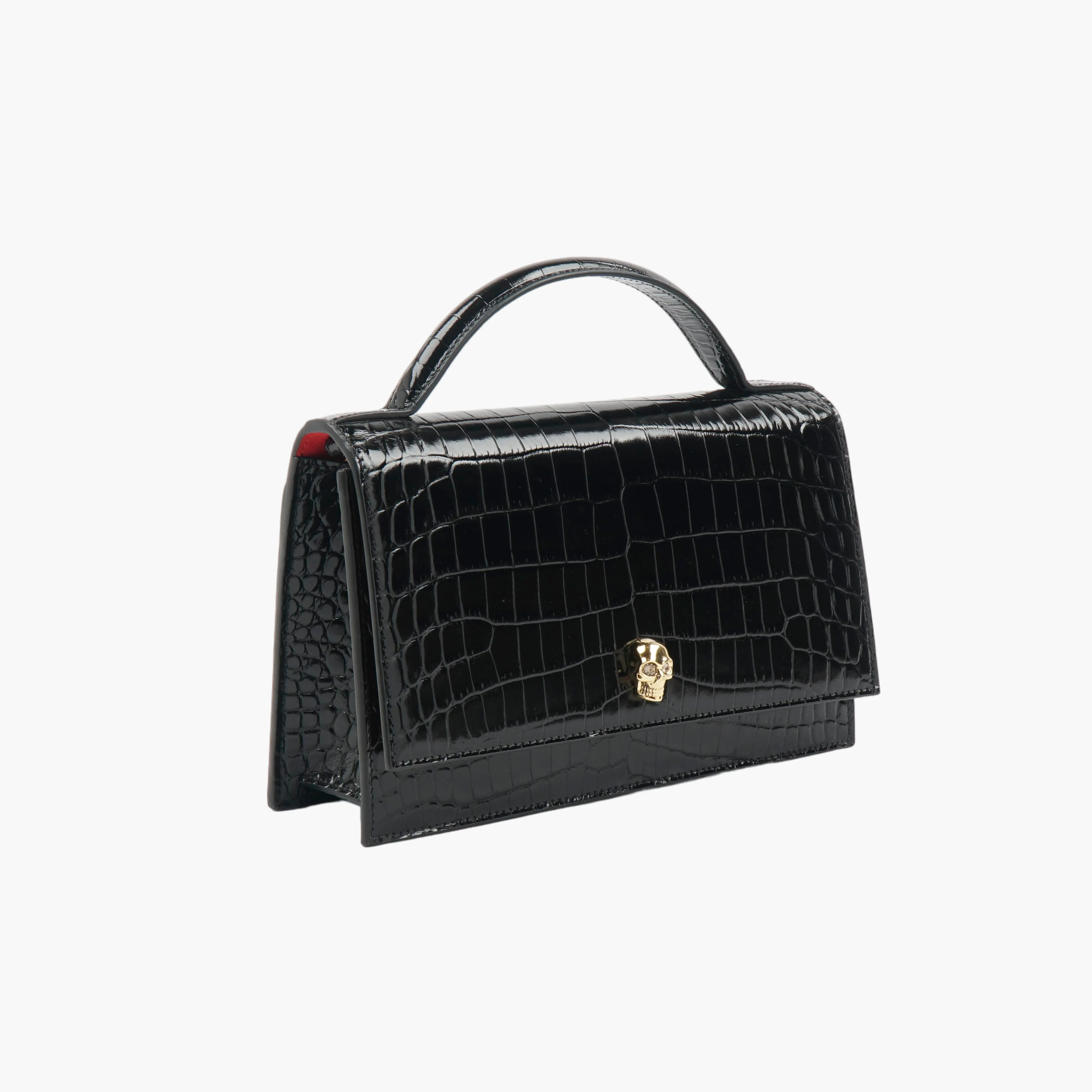 ALEXANDER MCQUEEN Black Croc-Embossed Leather Handbag with Gold Skull Motif