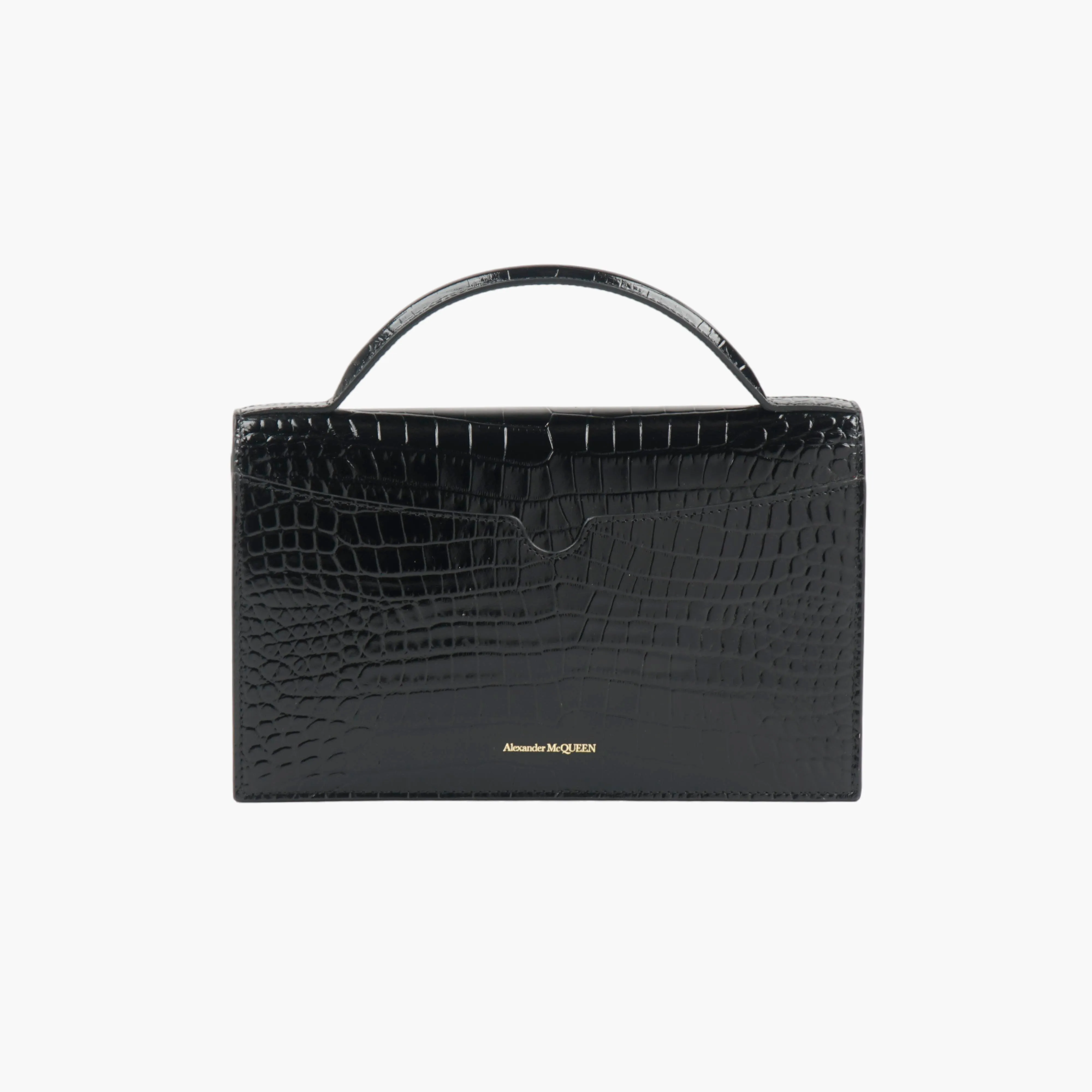 ALEXANDER MCQUEEN Black Croc-Embossed Leather Handbag with Gold Skull Motif
