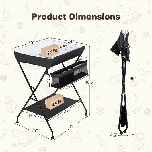 Baby Storage Folding Diaper Changing Table-Black - Color: Black