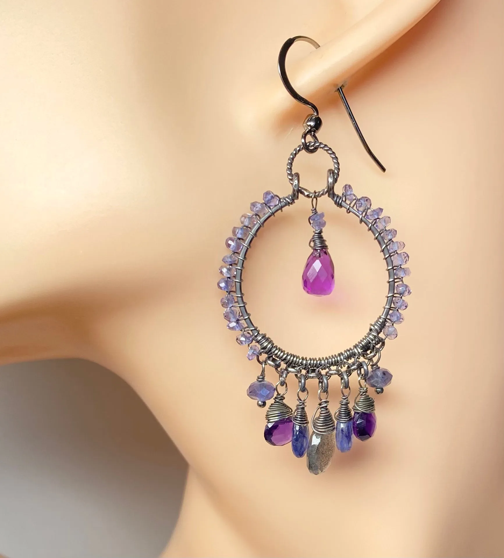 Blue Violet Sterling Silver Hoop Chandelier Earrings Iolite, Kyanite, Amethyst, Labradorite