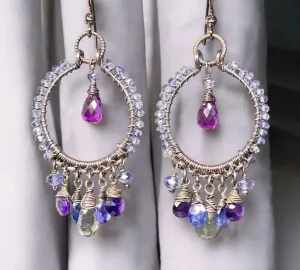 Blue Violet Sterling Silver Hoop Chandelier Earrings Iolite, Kyanite, Amethyst, Labradorite