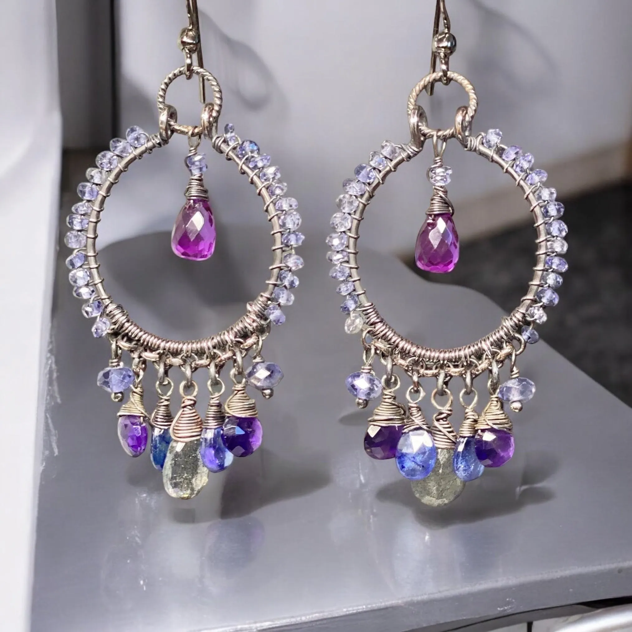 Blue Violet Sterling Silver Hoop Chandelier Earrings Iolite, Kyanite, Amethyst, Labradorite