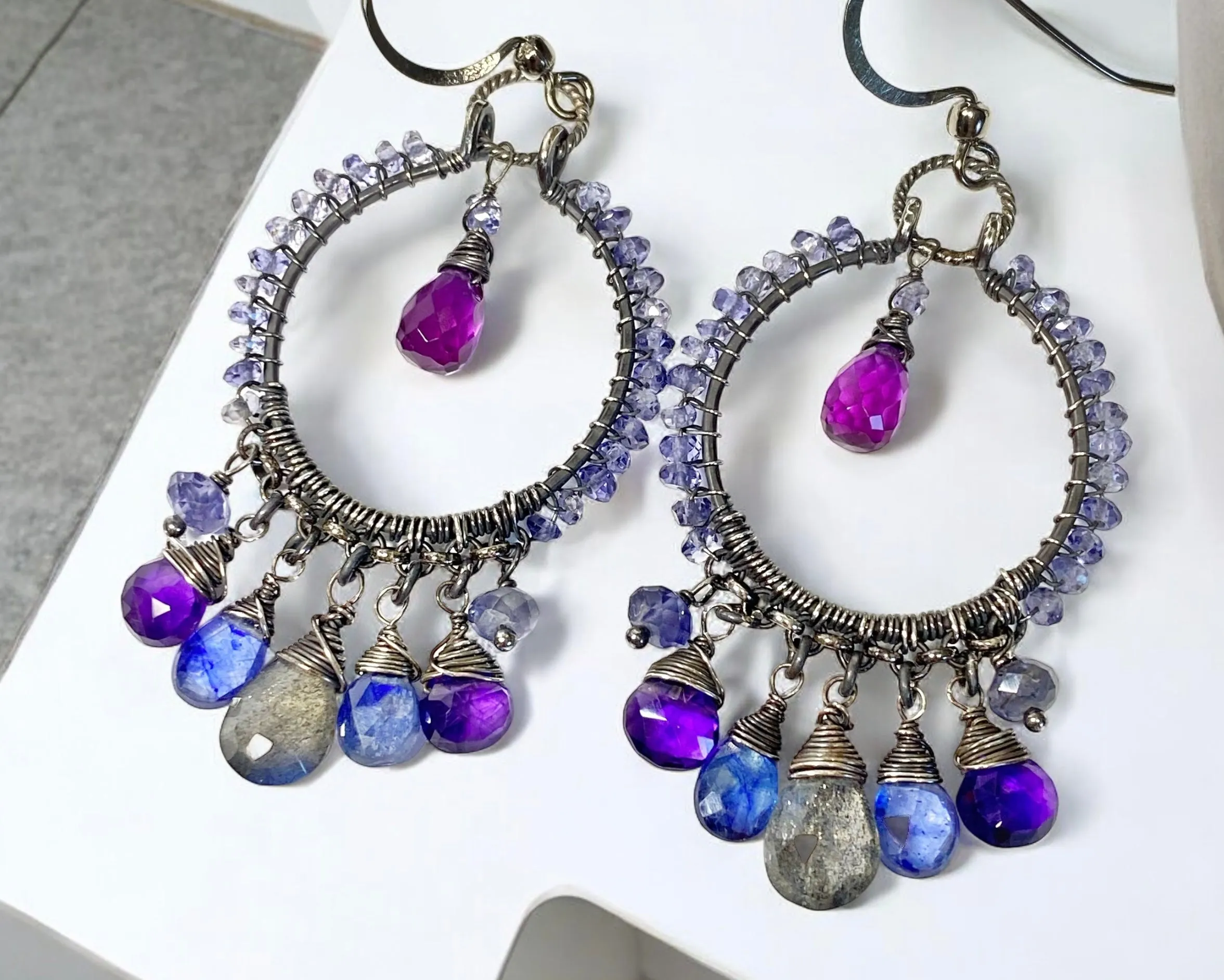 Blue Violet Sterling Silver Hoop Chandelier Earrings Iolite, Kyanite, Amethyst, Labradorite