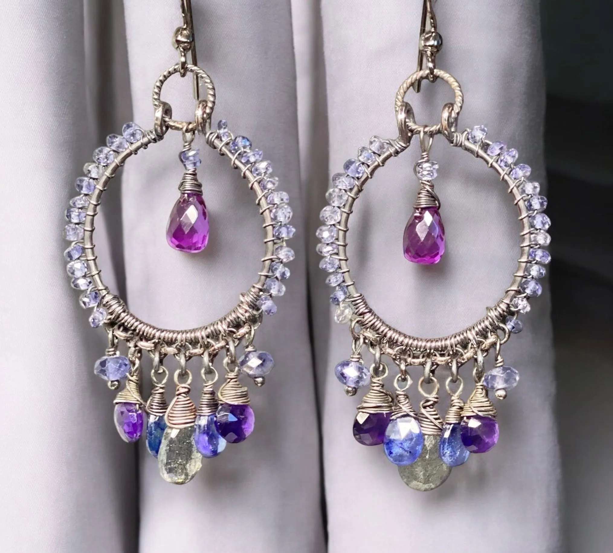 Blue Violet Sterling Silver Hoop Chandelier Earrings Iolite, Kyanite, Amethyst, Labradorite