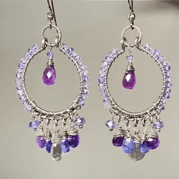 Blue Violet Sterling Silver Hoop Chandelier Earrings Iolite, Kyanite, Amethyst, Labradorite