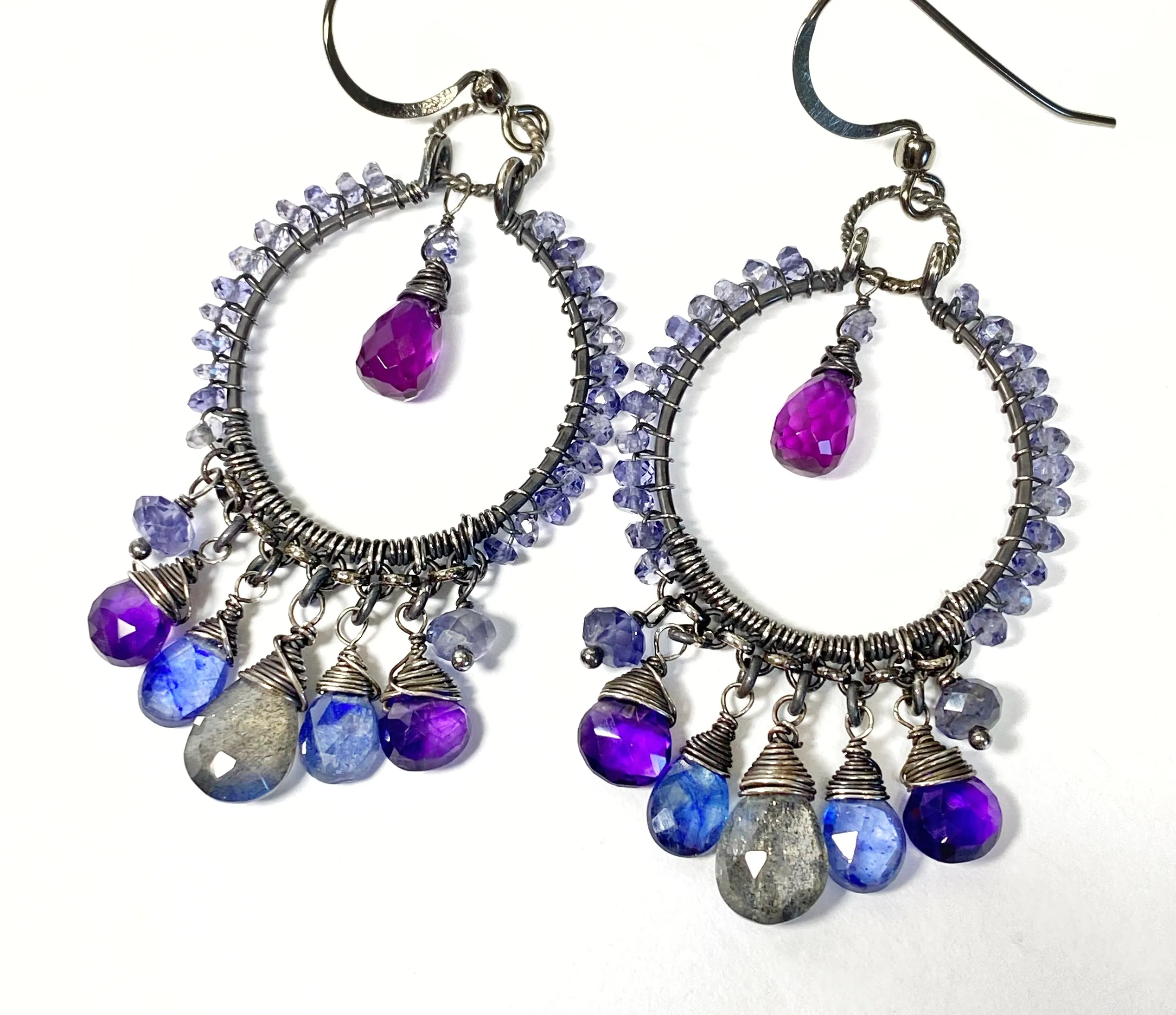 Blue Violet Sterling Silver Hoop Chandelier Earrings Iolite, Kyanite, Amethyst, Labradorite