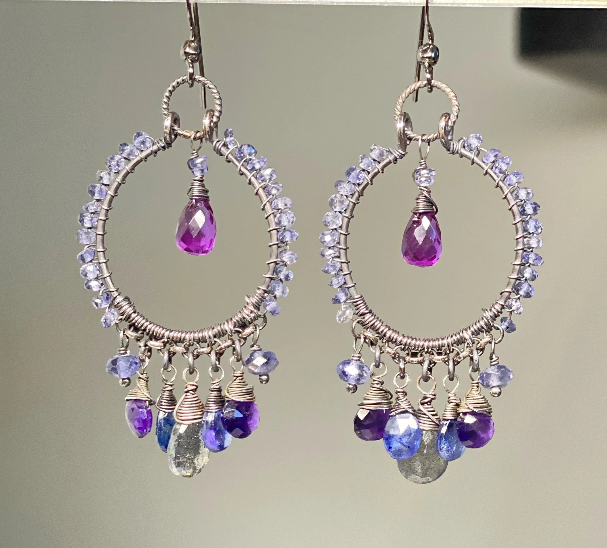 Blue Violet Sterling Silver Hoop Chandelier Earrings Iolite, Kyanite, Amethyst, Labradorite