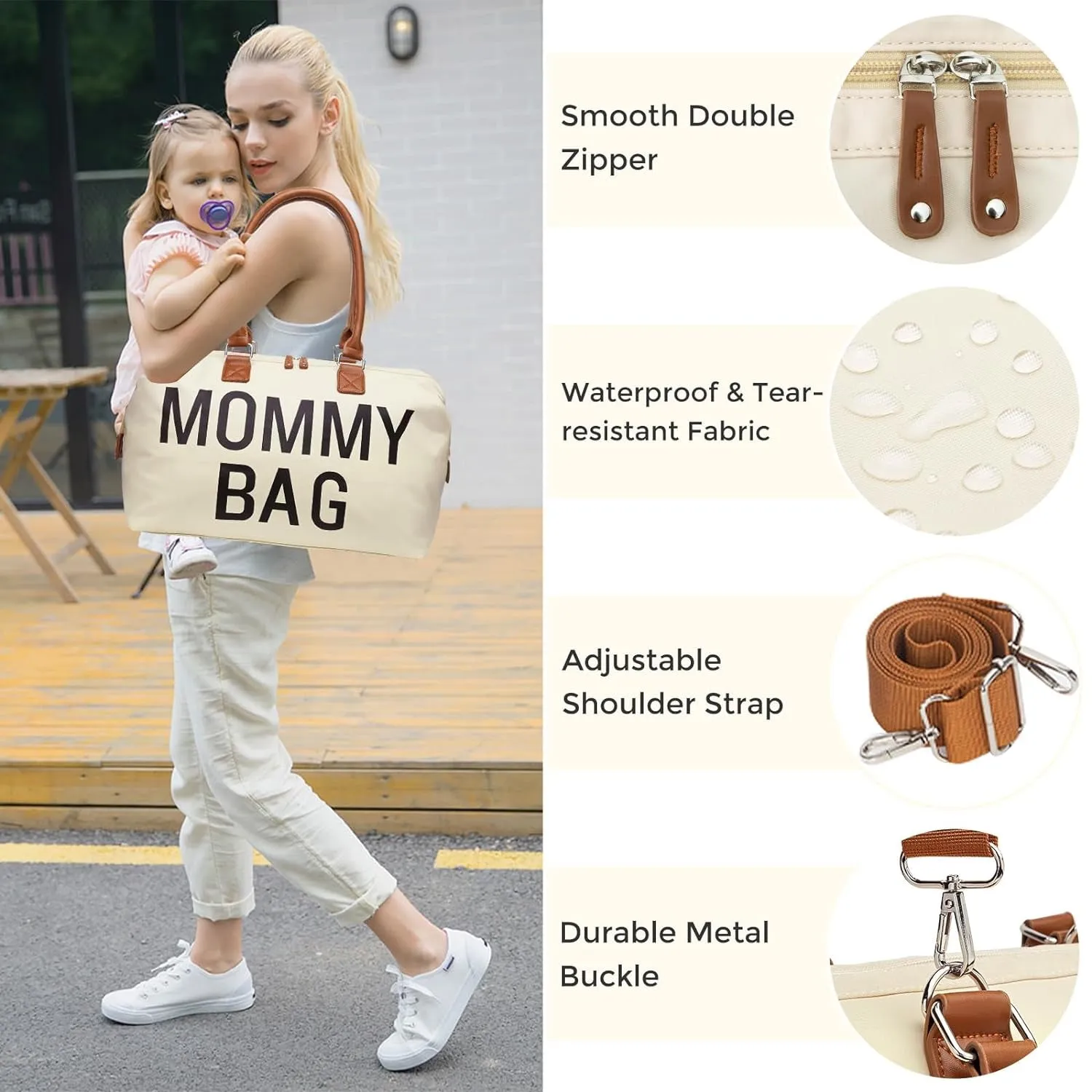 Diaper Bag Tote, Mommy Bag for Hospital, Large Capacity Waterproof Baby Bag for Mom Travel, Hospital Bag for Labor and Delivery with Baby Necessities Bag, Creamy White