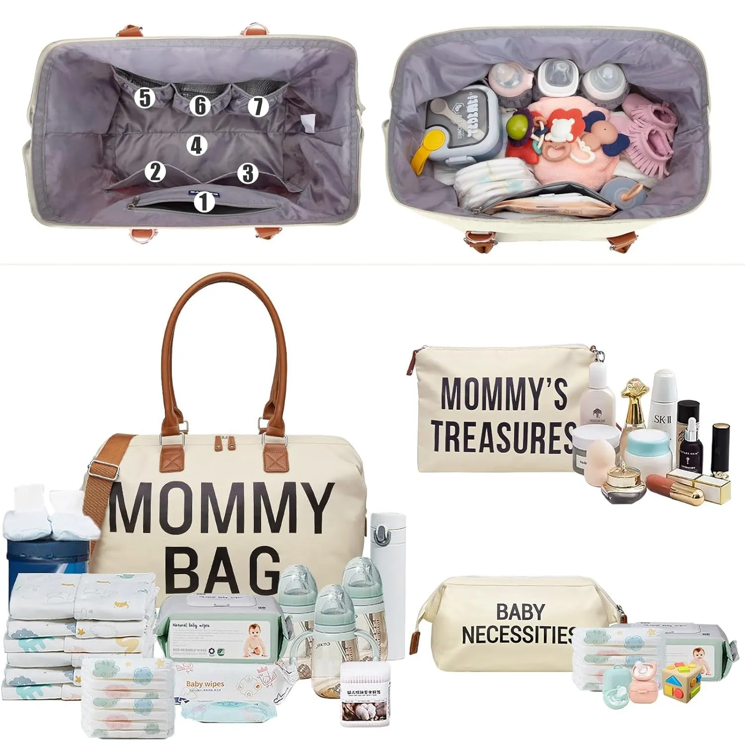Diaper Bag Tote, Mommy Bag for Hospital, Large Capacity Waterproof Baby Bag for Mom Travel, Hospital Bag for Labor and Delivery with Baby Necessities Bag, Creamy White