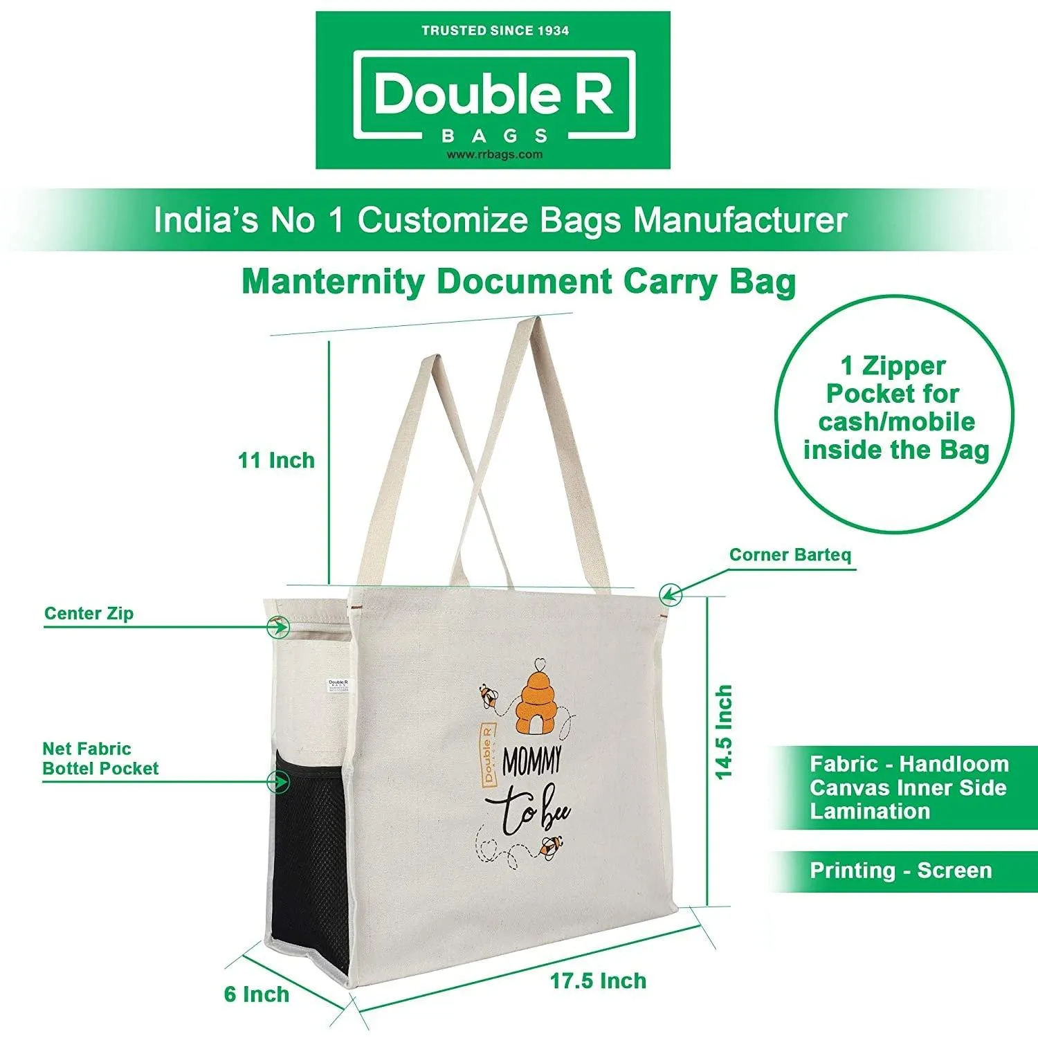 DOUBLE R BAGS First Maternity/Diaper Bags Canvas Shoulder Carry Bag for Pregnant Women