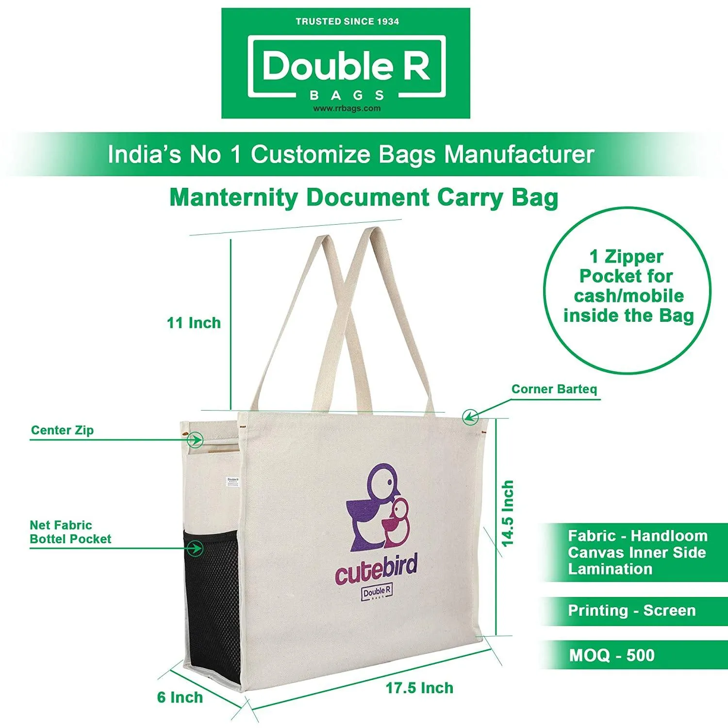DOUBLE R BAGS Women's Canvas First Shoulder Carry Maternity/Diaper Bags