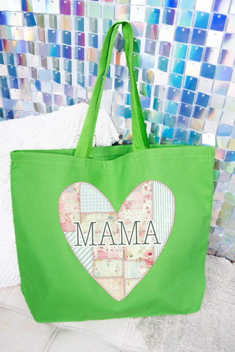 Faux Patchwork Quilt Mama Heart Canvas Jumbo Tote