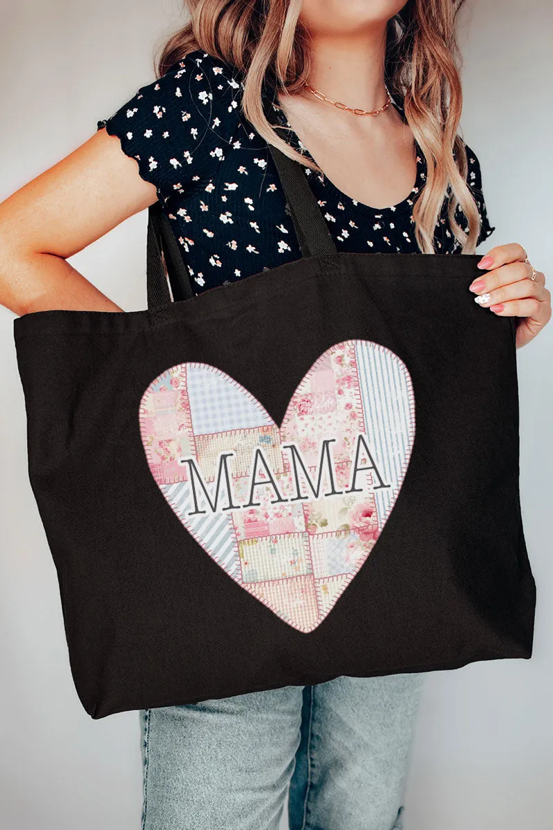 Faux Patchwork Quilt Mama Heart Canvas Jumbo Tote