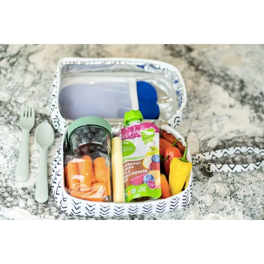 Jomaco Breastmilk Cooler Bag with Ice Pack - Waterproof and Insulated Breast Milk Travel Small Stylish Herringbone Storage Detachable Wrist Strap, White Black