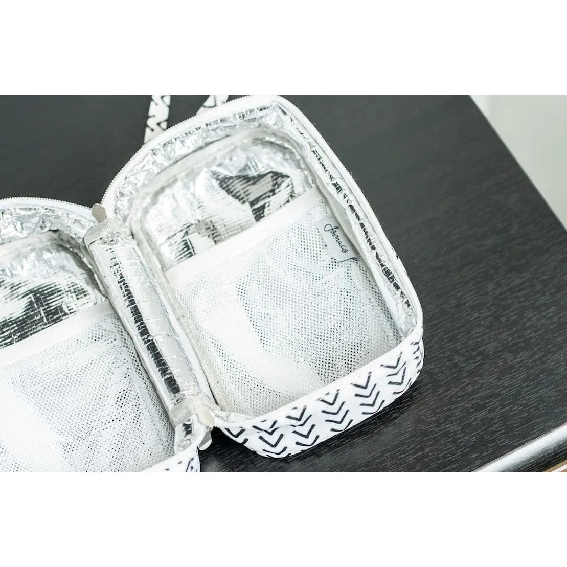 Jomaco Breastmilk Cooler Bag with Ice Pack - Waterproof and Insulated Breast Milk Travel Small Stylish Herringbone Storage Detachable Wrist Strap, White Black