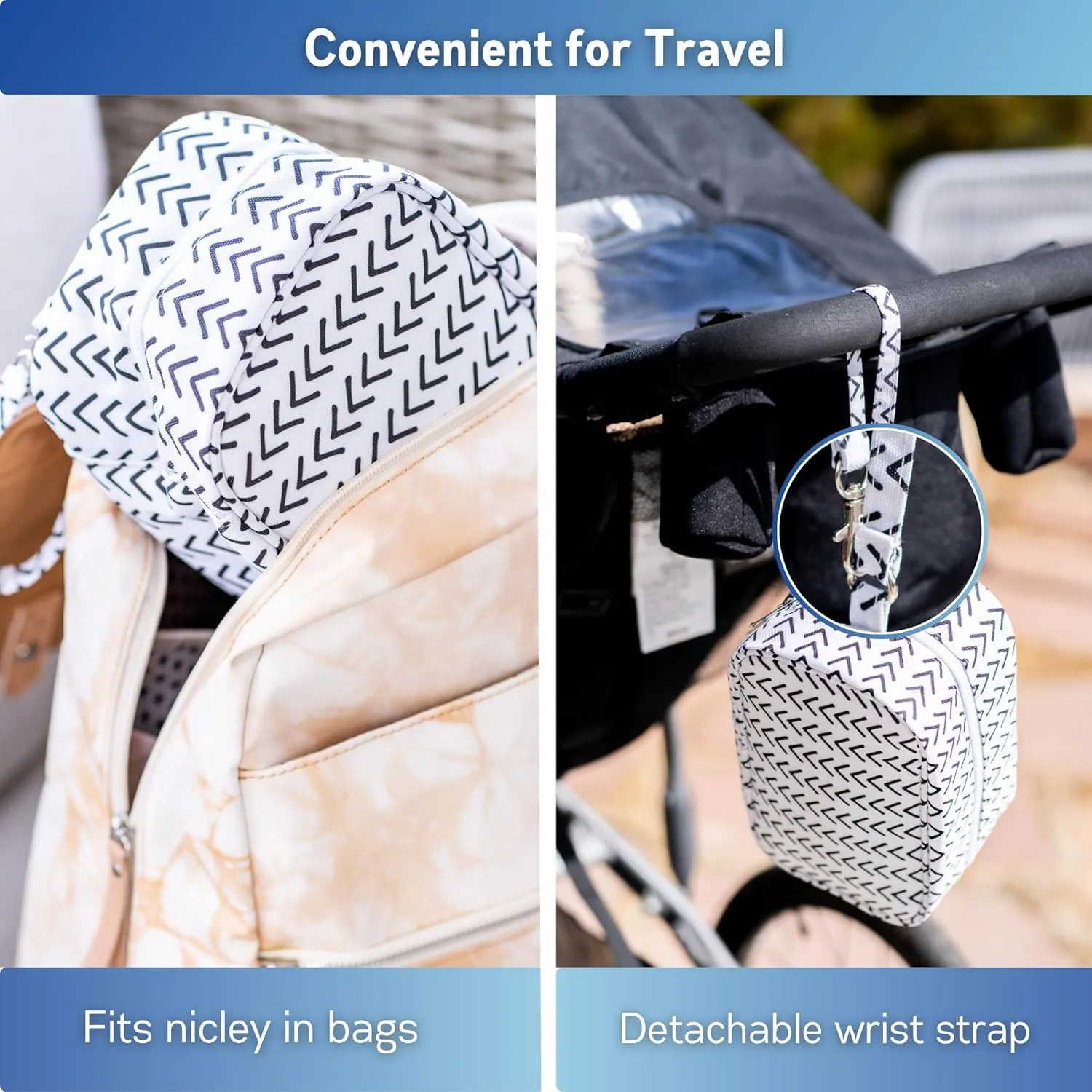 Jomaco Breastmilk Cooler Bag with Ice Pack - Waterproof and Insulated Breast Milk Travel Small Stylish Herringbone Storage Detachable Wrist Strap, White Black