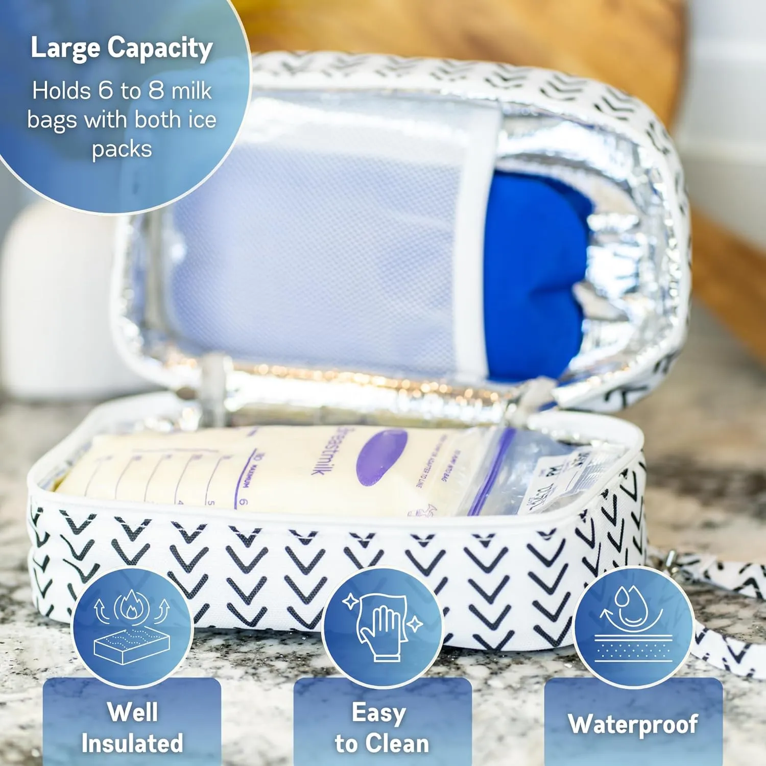 Jomaco Breastmilk Cooler Bag with Ice Pack - Waterproof and Insulated Breast Milk Travel Small Stylish Herringbone Storage Detachable Wrist Strap, White Black