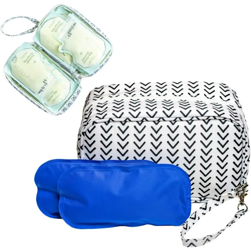Jomaco Breastmilk Cooler Bag with Ice Pack - Waterproof and Insulated Breast Milk Travel Small Stylish Herringbone Storage Detachable Wrist Strap, White Black