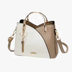 Julia – Beige and White Two-Tone Handbag with Gold Accents and Top Handle