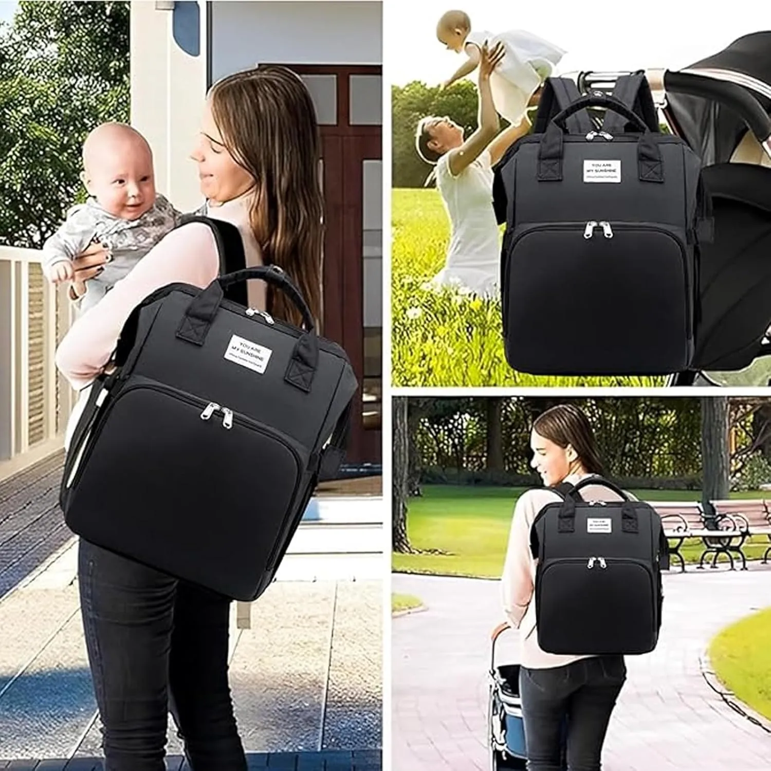 LongRool Diaper Bag Backpack,Foldable Baby Bed Back Pack,Multi-functional Waterproof Travel Nappy Bag Backpack with USB, Stroller Straps, Insulated Pockets