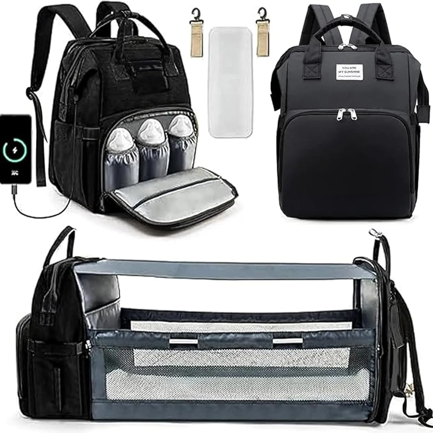 LongRool Diaper Bag Backpack,Foldable Baby Bed Back Pack,Multi-functional Waterproof Travel Nappy Bag Backpack with USB, Stroller Straps, Insulated Pockets