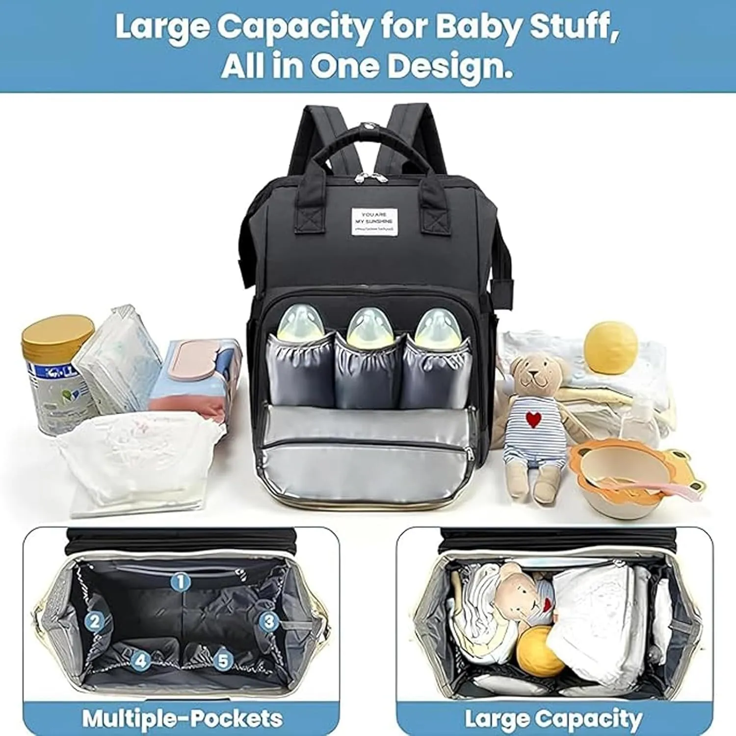 LongRool Diaper Bag Backpack,Foldable Baby Bed Back Pack,Multi-functional Waterproof Travel Nappy Bag Backpack with USB, Stroller Straps, Insulated Pockets