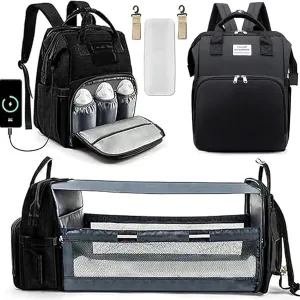 LongRool Diaper Bag Backpack,Foldable Baby Bed Back Pack,Multi-functional Waterproof Travel Nappy Bag Backpack with USB, Stroller Straps, Insulated Pockets