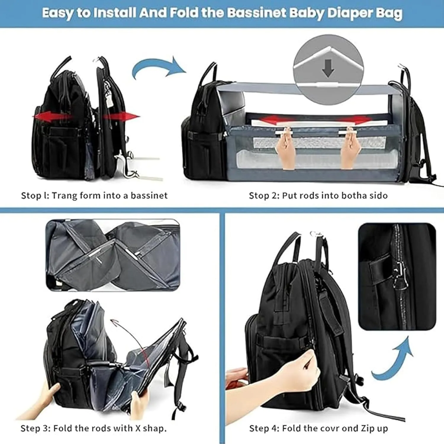 LongRool Diaper Bag Backpack,Foldable Baby Bed Back Pack,Multi-functional Waterproof Travel Nappy Bag Backpack with USB, Stroller Straps, Insulated Pockets