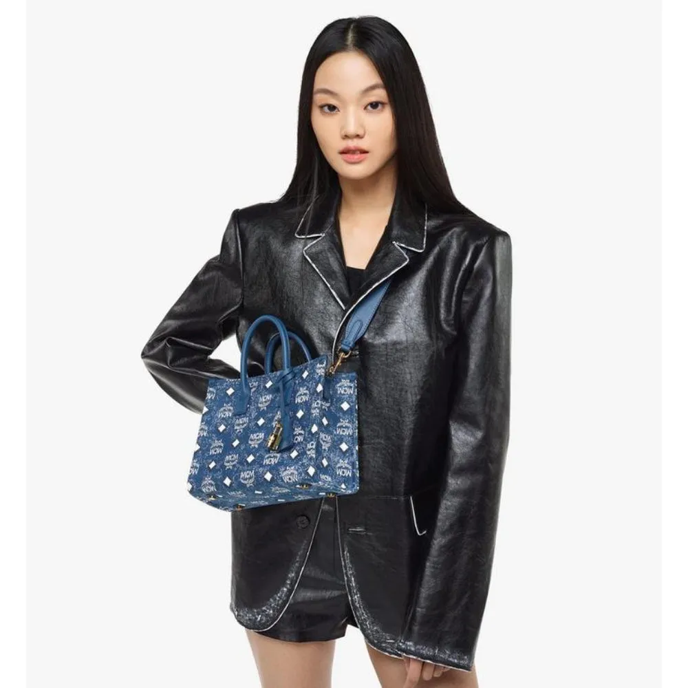 MCM München Small Tote in Vintage Denim Jacquard