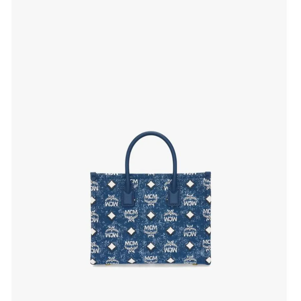 MCM München Small Tote in Vintage Denim Jacquard
