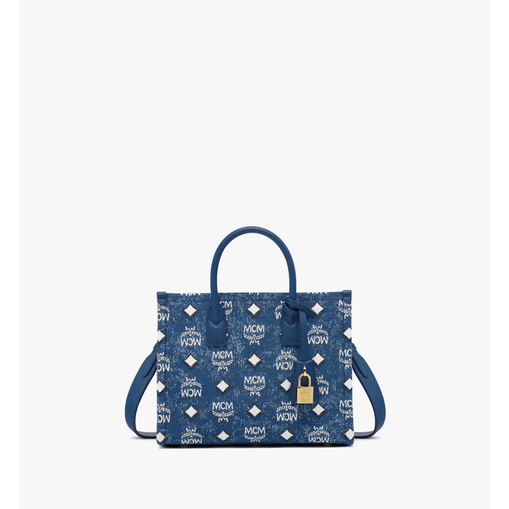 MCM München Small Tote in Vintage Denim Jacquard
