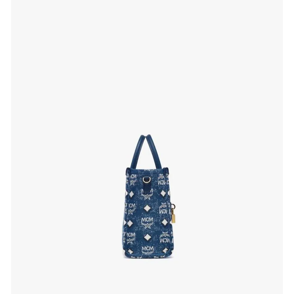 MCM München Small Tote in Vintage Denim Jacquard