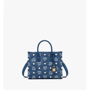 MCM München Small Tote in Vintage Denim Jacquard