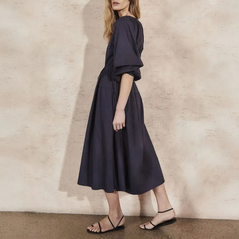 MONDO CORSINI Victorine Cotton Smocked Midi Dress in Midnight