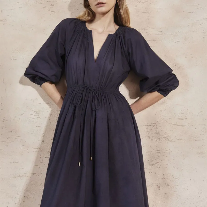 MONDO CORSINI Victorine Cotton Smocked Midi Dress in Midnight