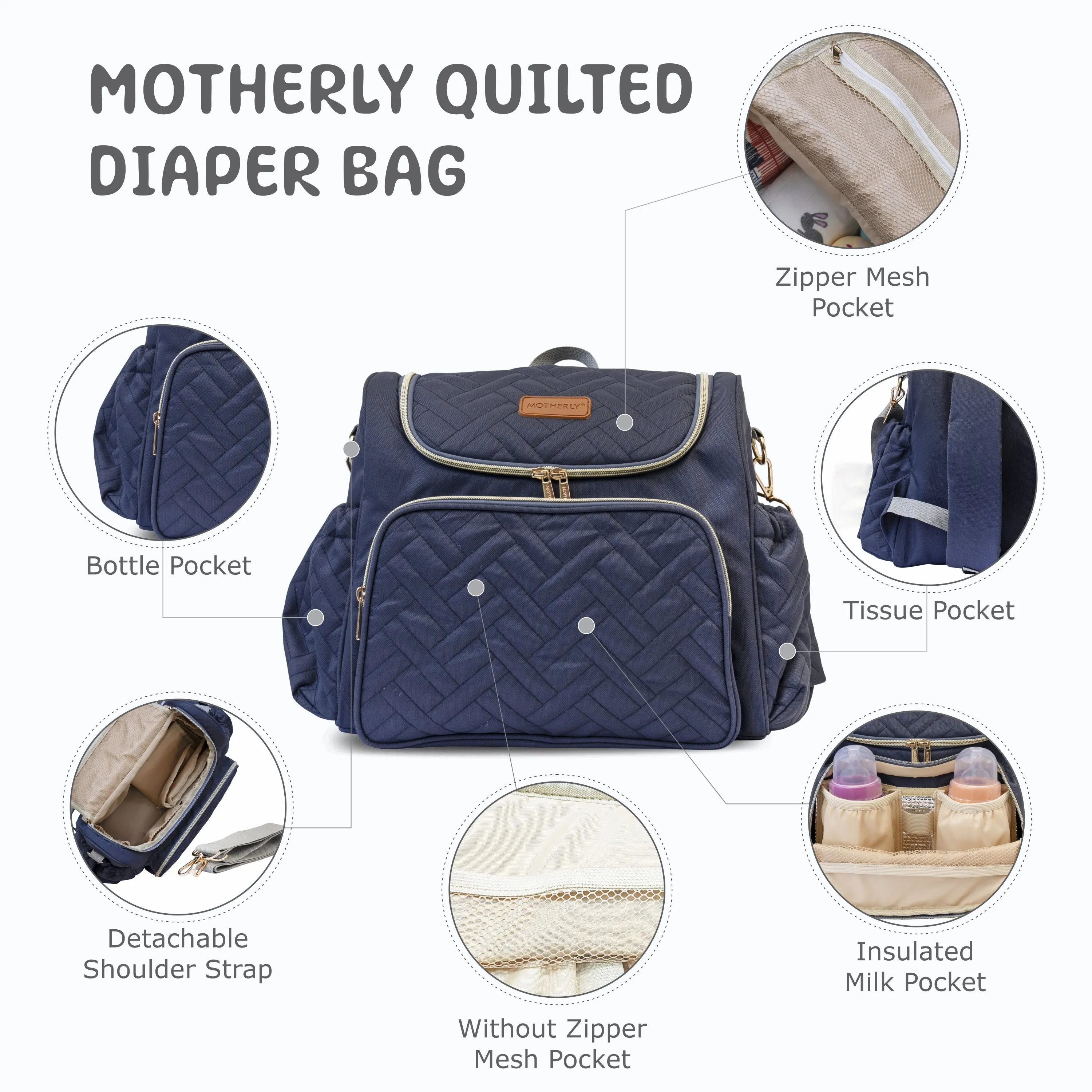 Motherly Diaper Quilted Diaper Bag for Mothers for Travel with Changing Mat - Spacious Diaper Bags for Mom | Baby Bag with Multi-Pocket Design | Maternity Bags for Mother and Baby (Black)