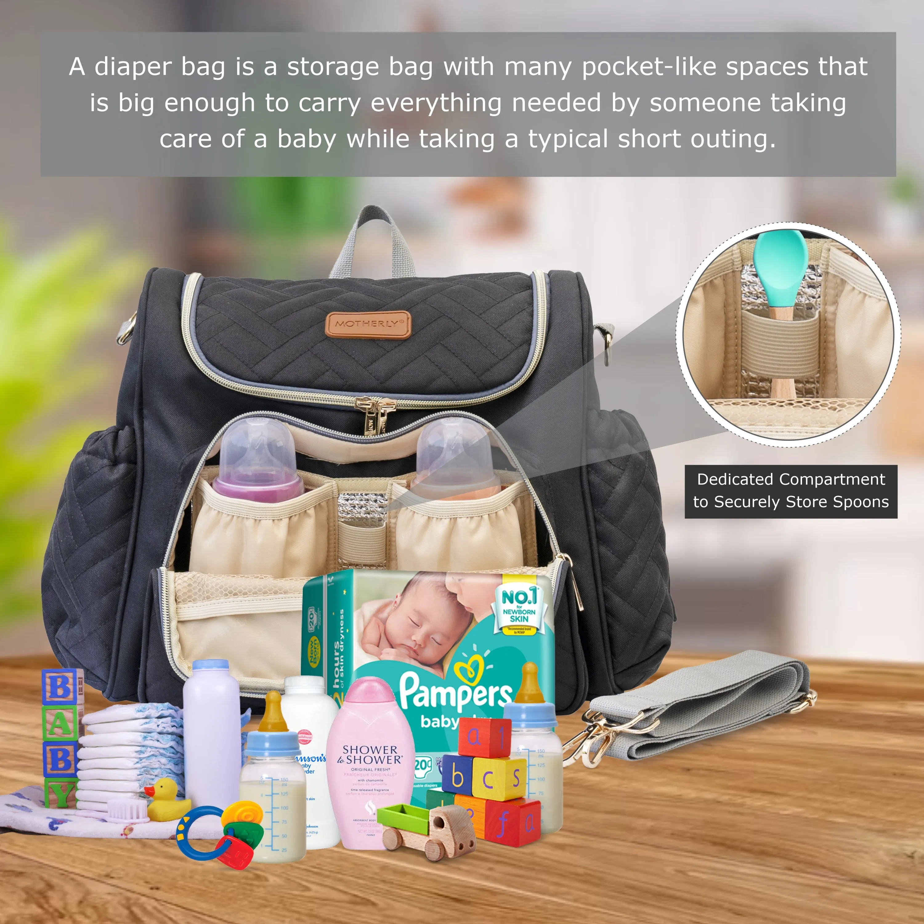Motherly Diaper Quilted Diaper Bag for Mothers for Travel with Changing Mat - Spacious Diaper Bags for Mom | Baby Bag with Multi-Pocket Design | Maternity Bags for Mother and Baby (Black)