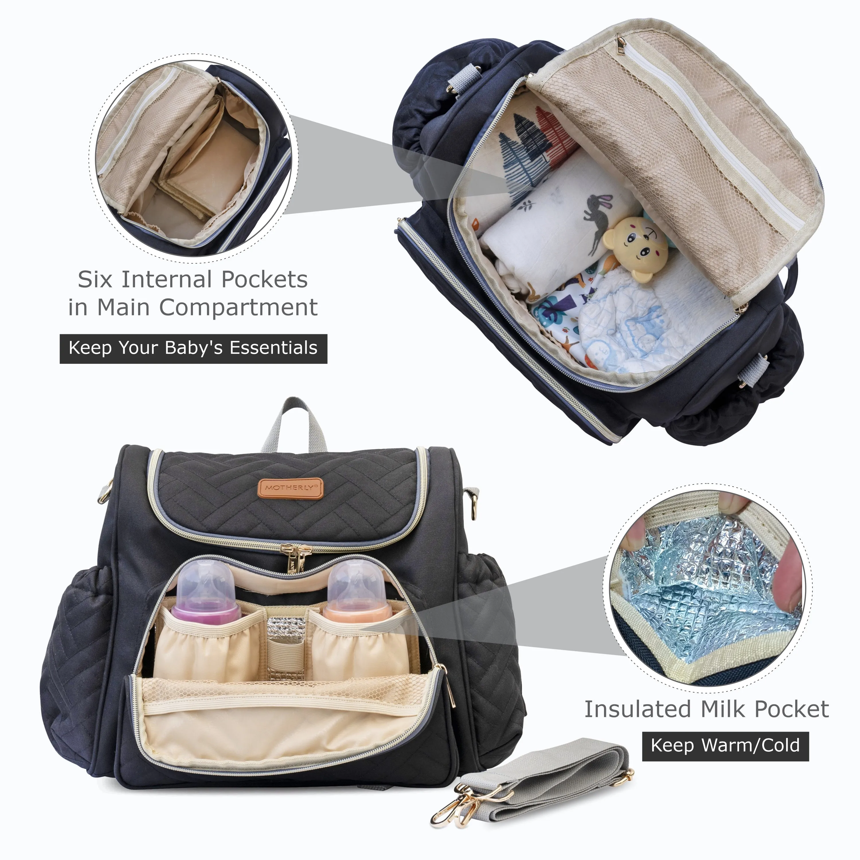 Motherly Diaper Quilted Diaper Bag for Mothers for Travel with Changing Mat - Spacious Diaper Bags for Mom | Baby Bag with Multi-Pocket Design | Maternity Bags for Mother and Baby (Black)