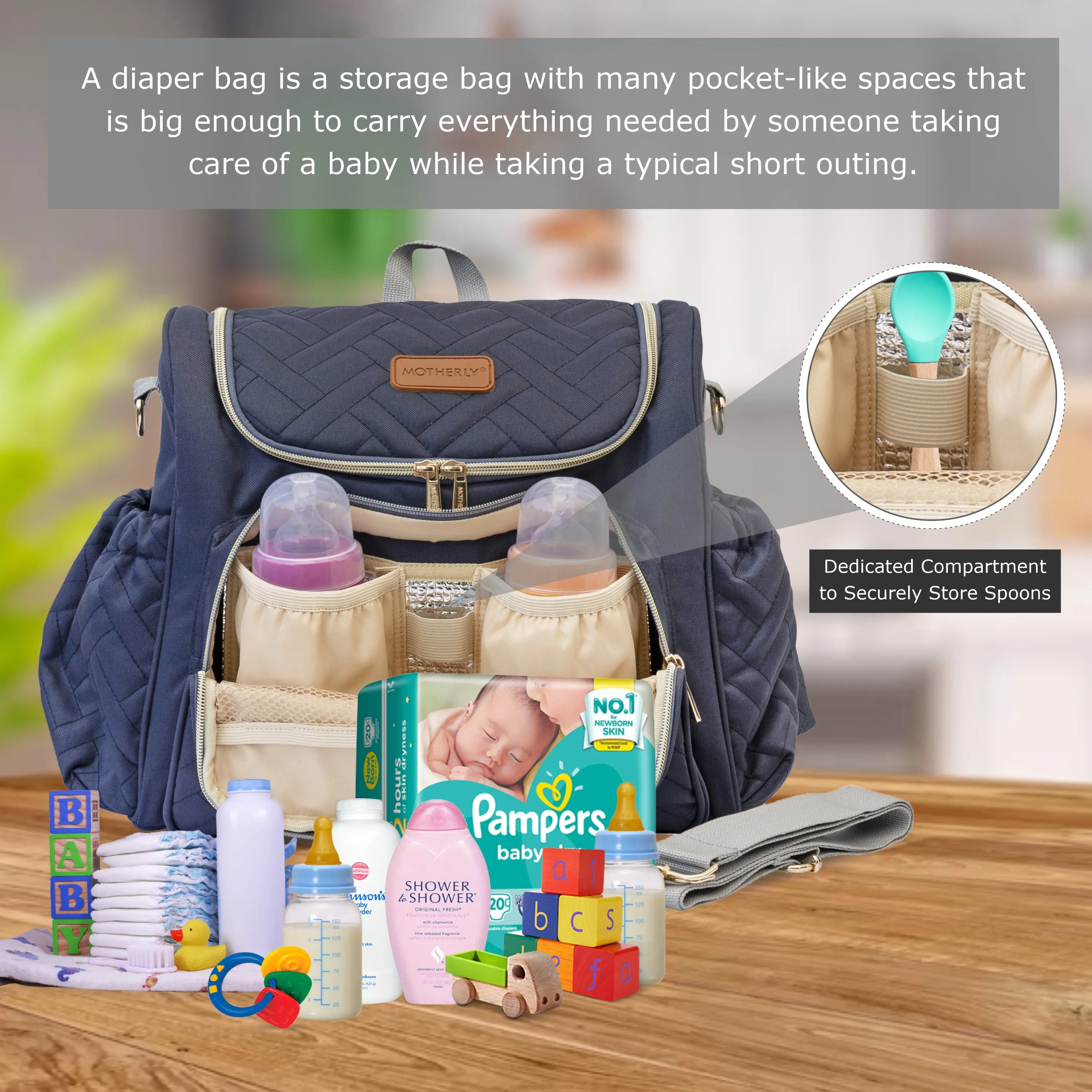 Motherly Diaper Quilted Diaper Bag for Mothers for Travel with Changing Mat - Spacious Diaper Bags for Mom | Baby Bag with Multi-Pocket Design | Maternity Bags for Mother and Baby (Black)