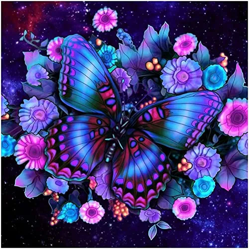 Neon Blue Purple Black Gold Butterfly 5D DIY Diamond Painting Cross Stitch Full Round Diamond Embroidery Kits Home Decor 13.8 x 13.8 Inch