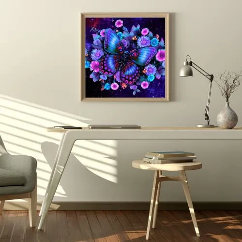 Neon Blue Purple Black Gold Butterfly 5D DIY Diamond Painting Cross Stitch Full Round Diamond Embroidery Kits Home Decor 13.8 x 13.8 Inch