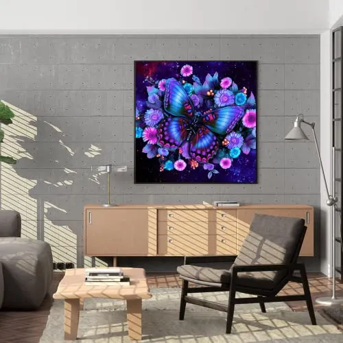Neon Blue Purple Black Gold Butterfly 5D DIY Diamond Painting Cross Stitch Full Round Diamond Embroidery Kits Home Decor 13.8 x 13.8 Inch