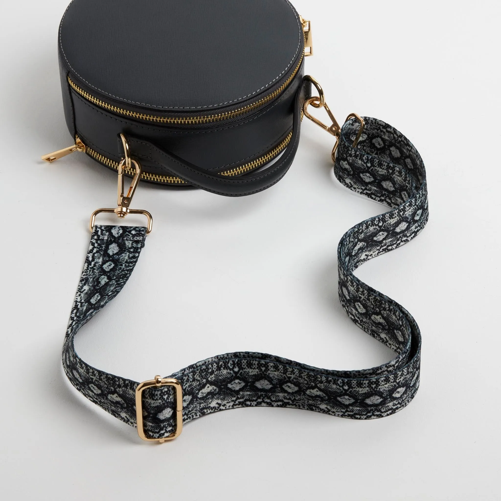 Rome Round Circle Crossbody Bag in Dark Grey with Snake Strap