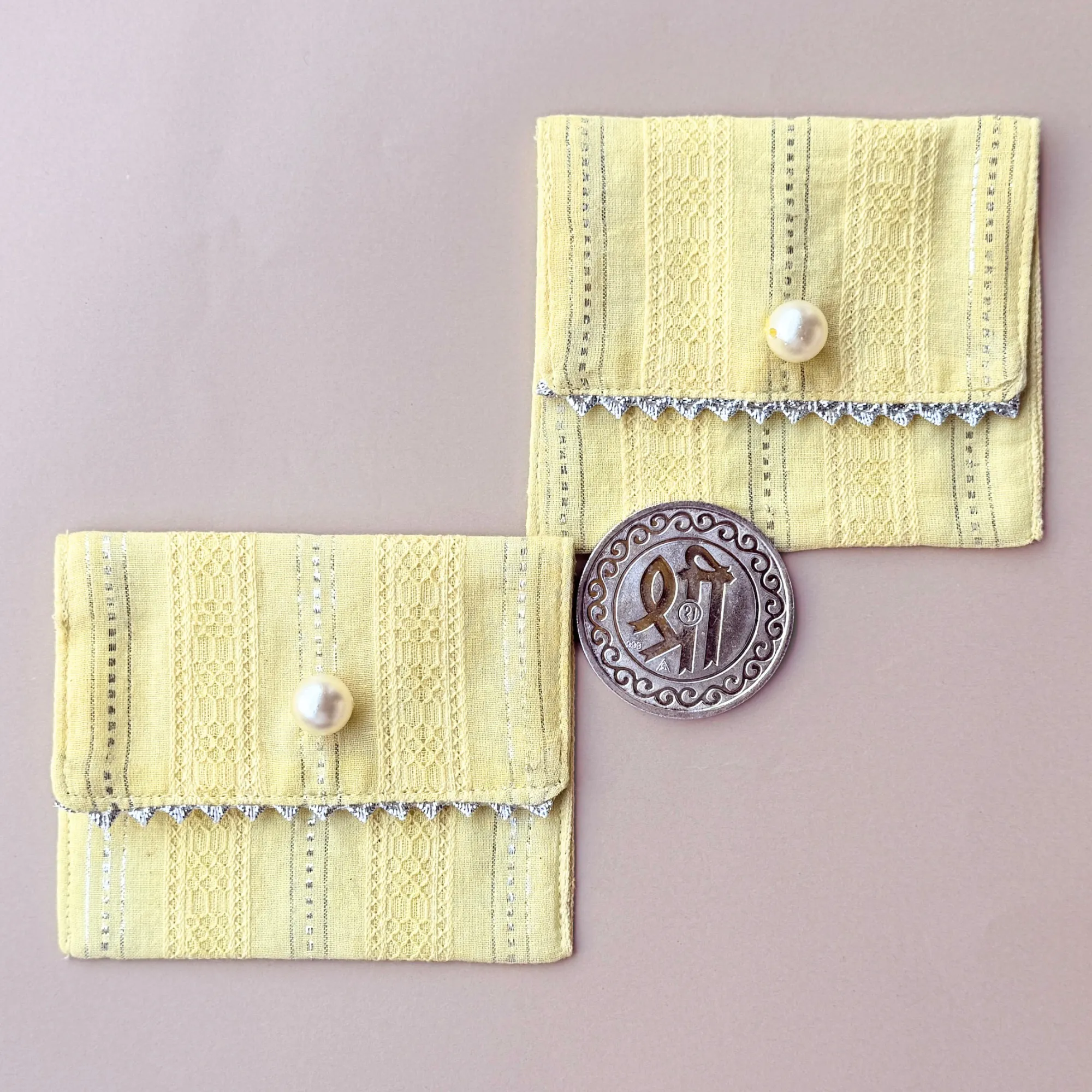 Yellow & Silver-Striped Coin Pouches (Set of 2)