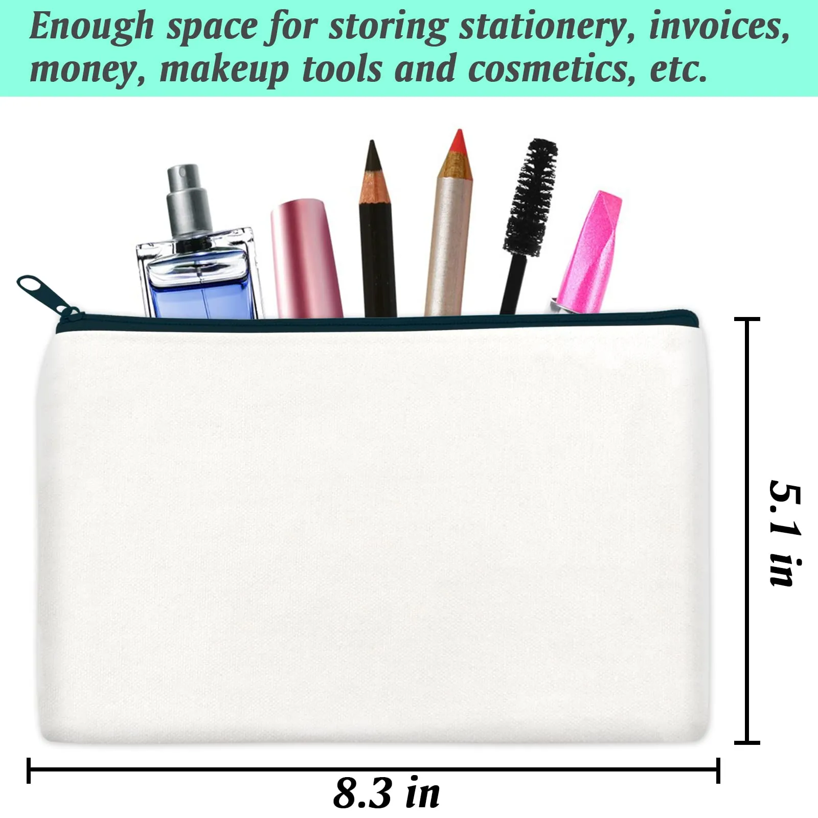 ZeeDix 8 Packs 8.3 x 5 inches Blank DIY Craft Bag Canvas - White Canvas Zipper Pouch Bags Multipurpose Cosmetic Bag Canvas Makeup Pouch with Zipper, Travel Toiletry Bag for Storage